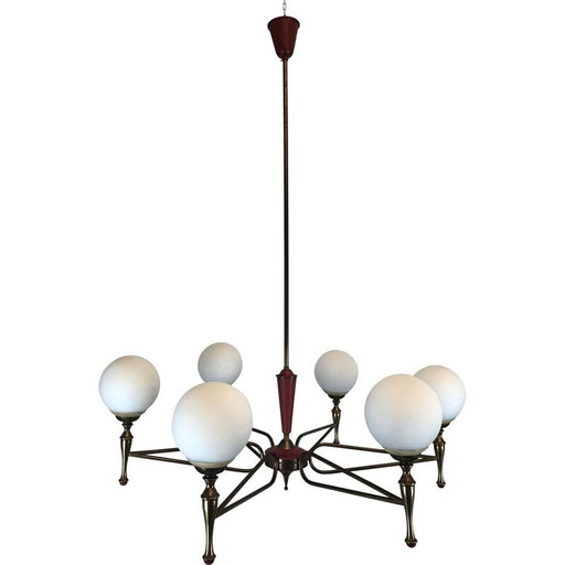 Vintage brass and opaline chandelier by Stilnovo, Italy 1950