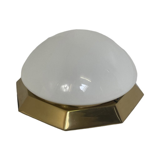 Art Deco (style) - Deknudt Lustrerie - Plafonnier en laiton massif et verre opalin - En très bon état - Vintage Italien