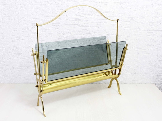 Image 1 of Brass and glass magazine rack from the 1960s