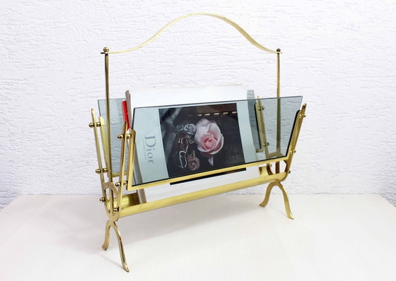 Image 1 of Brass and glass magazine rack from the 1960s