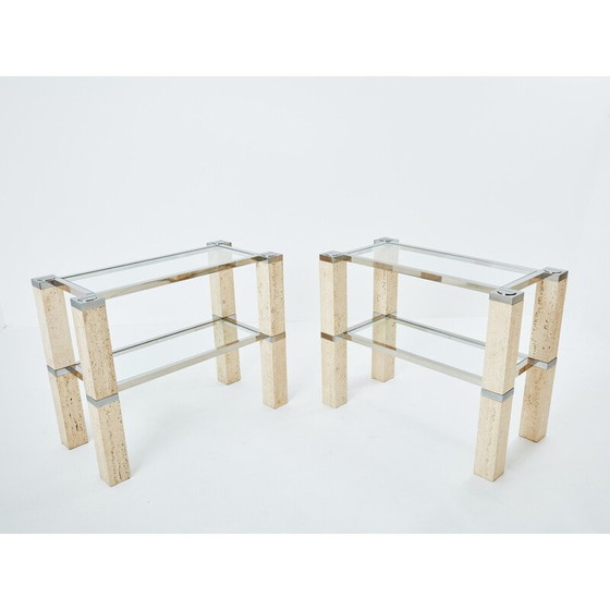 Image 1 of Pair of vintage travertine and chrome consoles by François Catroux for Studio Angeletti, Italy 1973