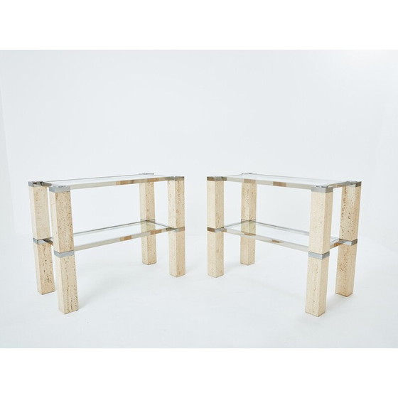 Image 1 of Pair of vintage travertine and chrome consoles by François Catroux for Studio Angeletti, Italy 1973