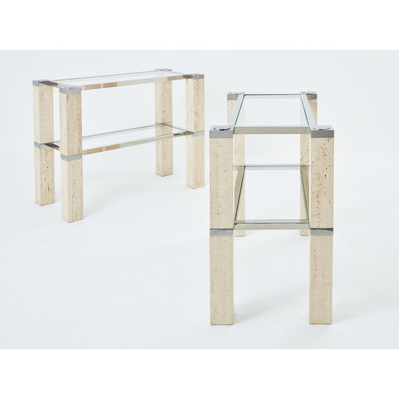 Image 1 of Pair of vintage travertine and chrome consoles by François Catroux for Studio Angeletti, Italy 1973