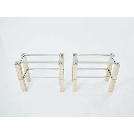 Image 1 of Pair of vintage travertine and chrome consoles by François Catroux for Studio Angeletti, Italy 1973