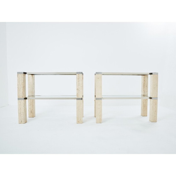 Image 1 of Pair of vintage travertine and chrome consoles by François Catroux for Studio Angeletti, Italy 1973