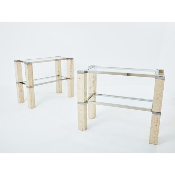 Image 1 of Pair of vintage travertine and chrome consoles by François Catroux for Studio Angeletti, Italy 1973