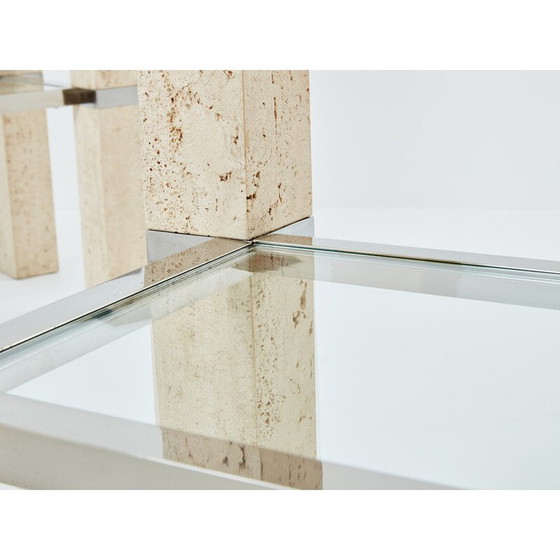 Image 1 of Pair of vintage travertine and chrome consoles by François Catroux for Studio Angeletti, Italy 1973