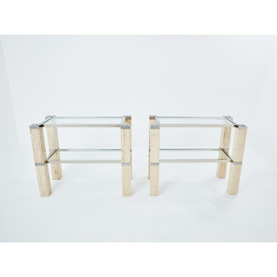 Image 1 of Pair of vintage travertine and chrome consoles by François Catroux for Studio Angeletti, Italy 1973