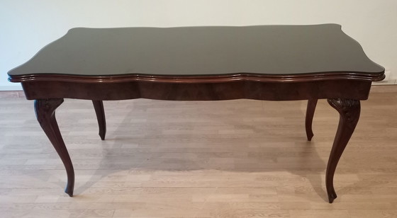 Image 1 of Vintage Chippendale Table in Smoked Tempered Glass with Walnut Top