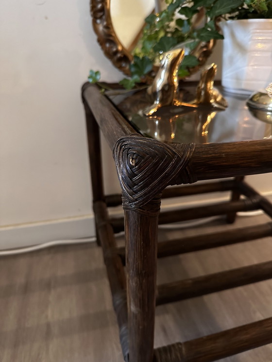 Image 1 of Rattan Side Table With Smoked Glass Plate