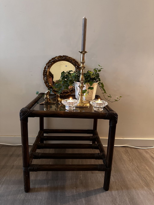 Rattan Side Table With Smoked Glass Plate