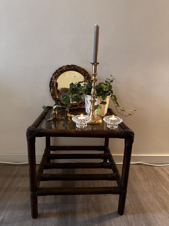 Image 1 of Rattan Side Table With Smoked Glass Plate