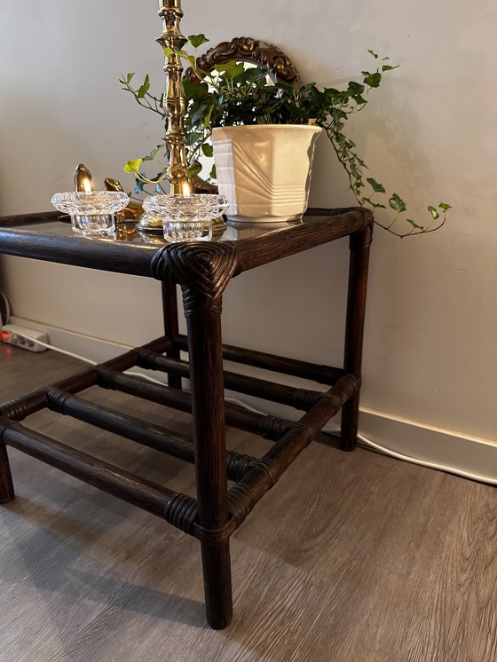 Image 1 of Rattan Side Table With Smoked Glass Plate