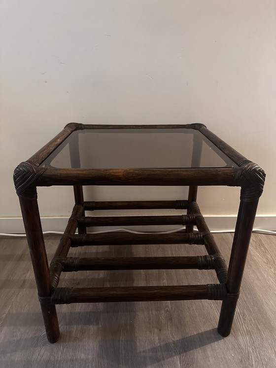 Image 1 of Rattan Side Table With Smoked Glass Plate