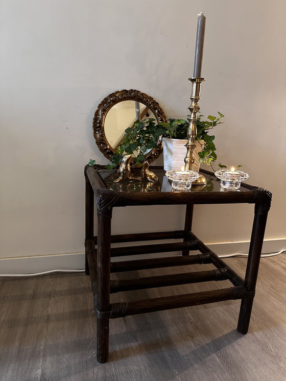 Image 1 of Rattan Side Table With Smoked Glass Plate