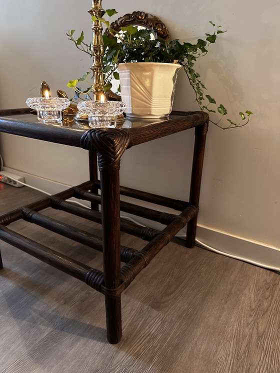 Image 1 of Rattan Side Table With Smoked Glass Plate