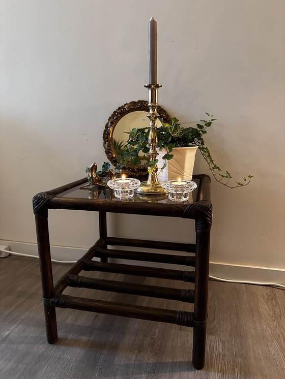 Image 1 of Rattan Side Table With Smoked Glass Plate