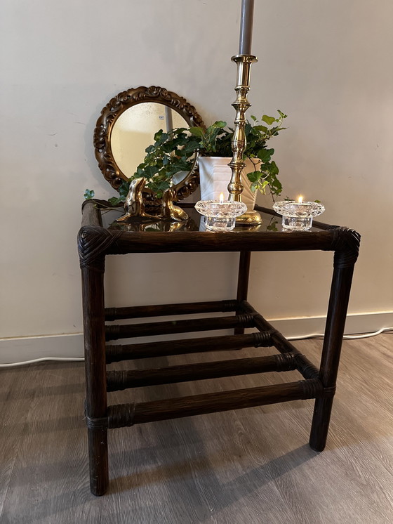 Image 1 of Rattan Side Table With Smoked Glass Plate