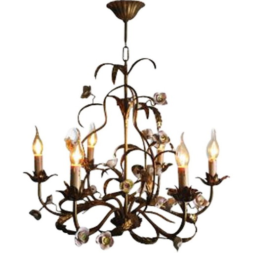 Vintage gilt metal chandelier with porcelain flowers, 1950