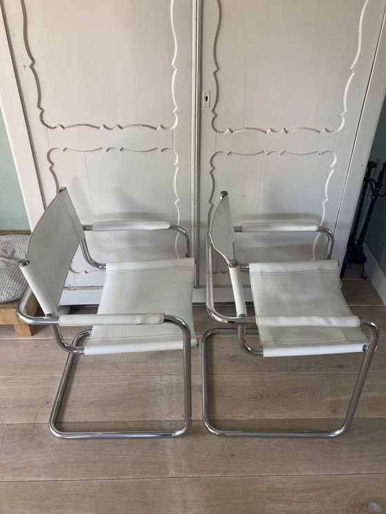 Image 1 of 2x Vintage Tube Frame Chairs With White Leather