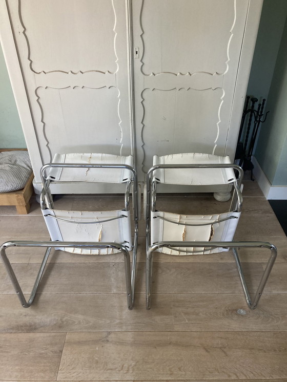 Image 1 of 2x Vintage Tube Frame Chairs With White Leather