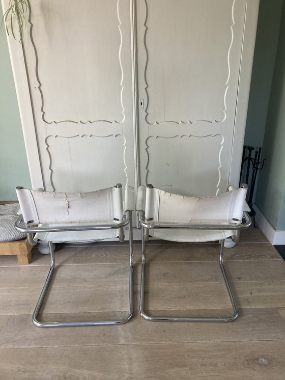 Image 1 of 2x Vintage Tube Frame Chairs With White Leather