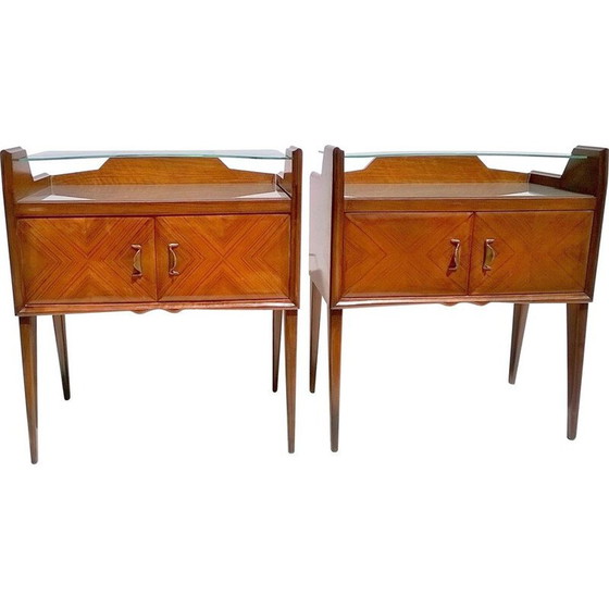 Image 1 of Pair of vintage teak and glass night stands by Paolo Buffa, 1940s