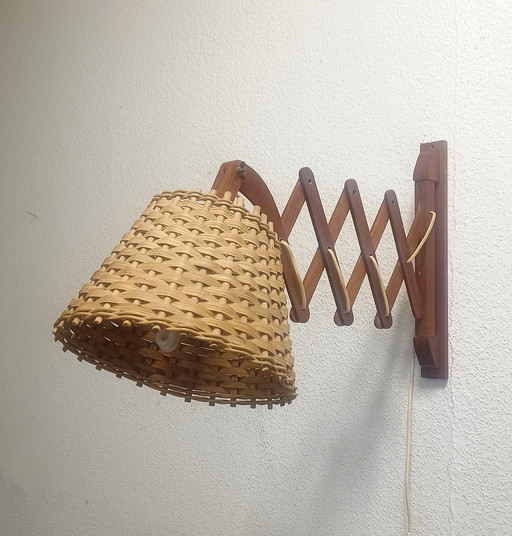 Fifties Scissor Lamp Teak With Rattan Shade