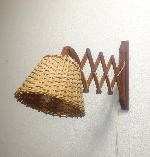 Fifties Scissor Lamp Teak With Rattan Shade