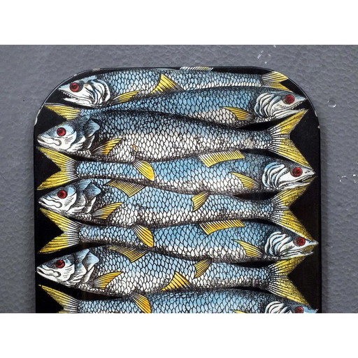 Vintage lacquered metal tray with fish decoration by Fornasetti Piero, Italy 1950