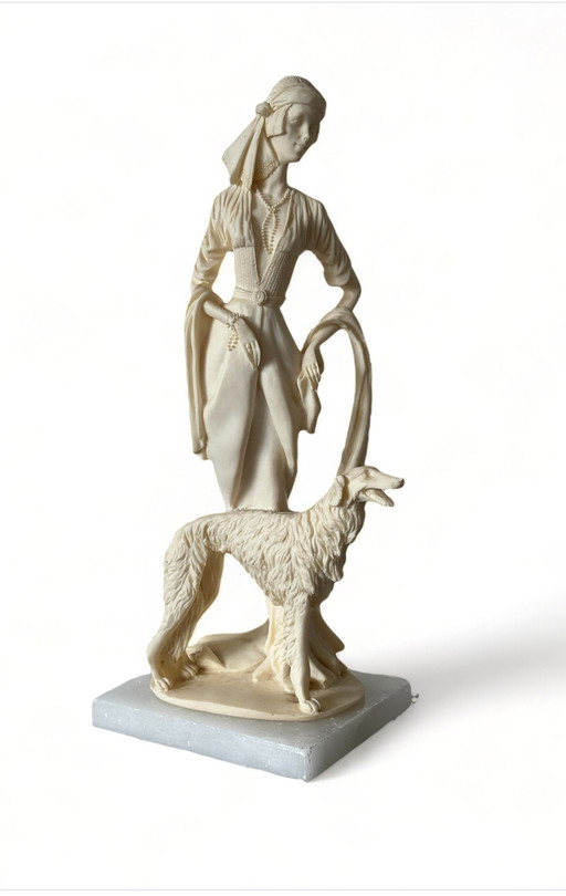 Sculpture italienne vintage dame avec chien art