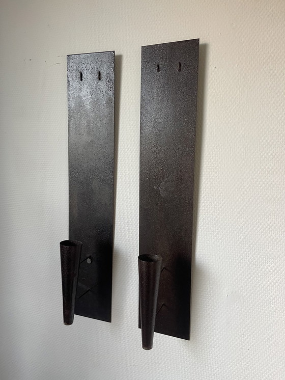 Image 1 of Set/ 2 Brutalist Metal Wall Candlesticks