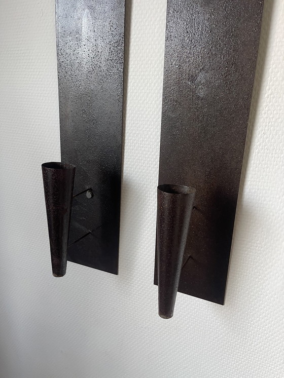 Image 1 of Set/ 2 Brutalist Metal Wall Candlesticks