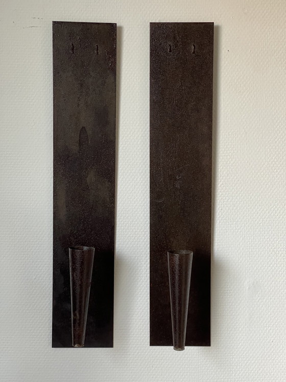 Image 1 of Set/ 2 Brutalist Metal Wall Candlesticks