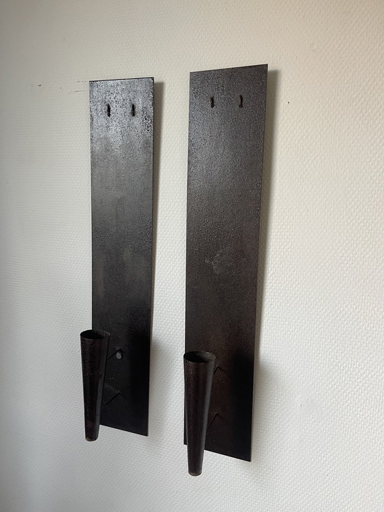 Image 1 of Set/ 2 Brutalist Metal Wall Candlesticks