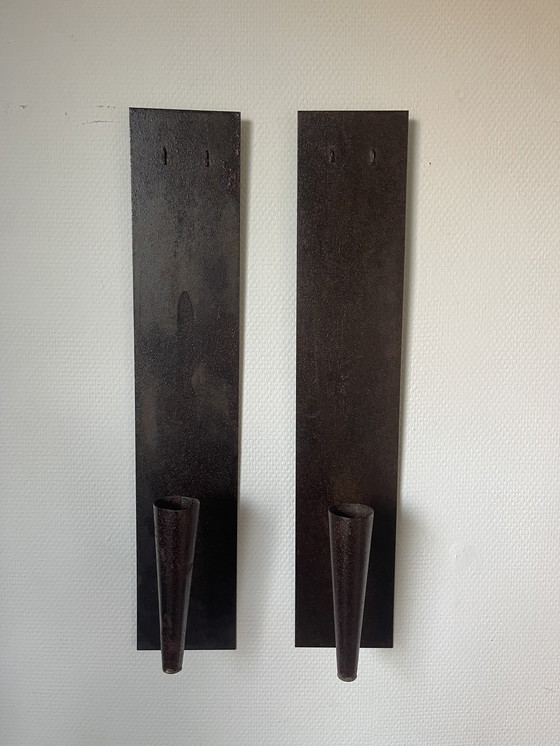 Image 1 of Set/ 2 Brutalist Metal Wall Candlesticks