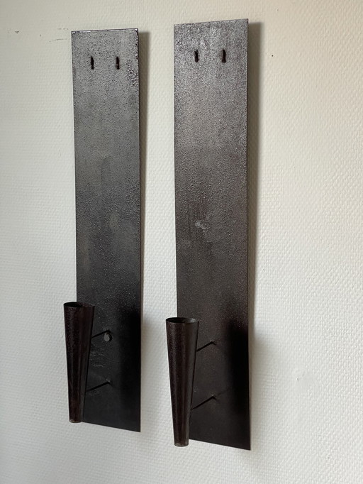 Set/ 2 Brutalist Metal Wall Candlesticks