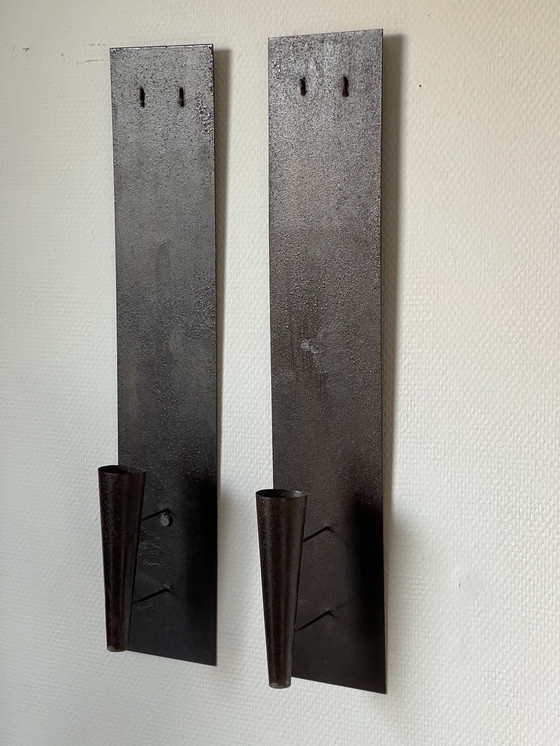 Image 1 of Set/ 2 Brutalist Metal Wall Candlesticks