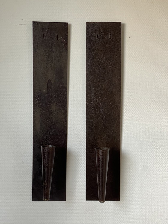 Image 1 of Set/ 2 Brutalist Metal Wall Candlesticks