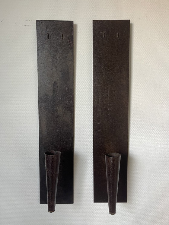 Image 1 of Set/ 2 Brutalist Metal Wall Candlesticks