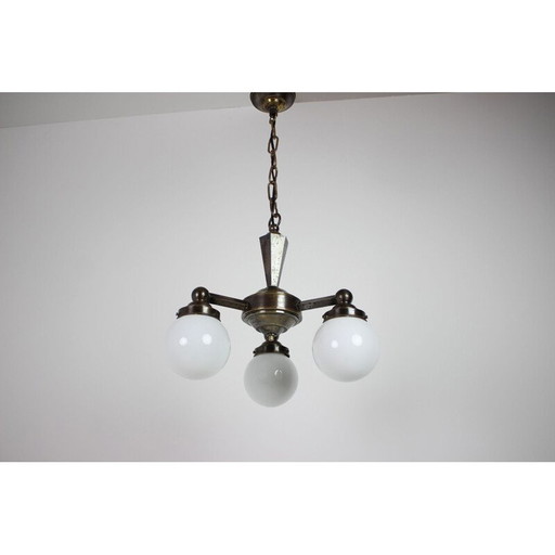 Vintage art deco metal and glass chandelier, Czechoslovakia 1920