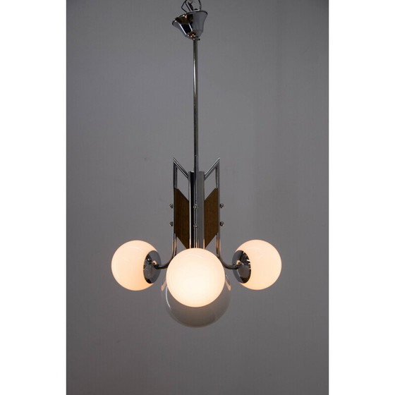 Image 1 of Vintage wood and chrome functionalist chandelier, 1940s