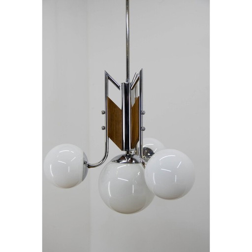 Vintage wood and chrome functionalist chandelier, 1940s