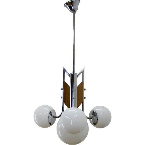 Image 1 of Vintage wood and chrome functionalist chandelier, 1940s
