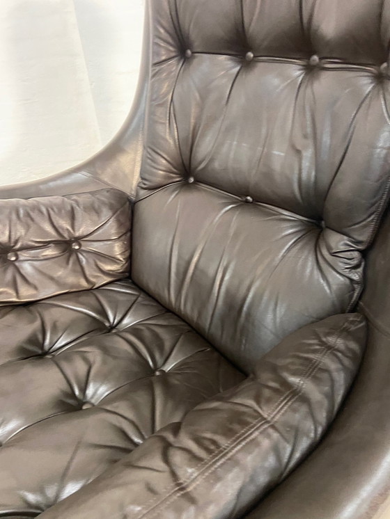 Image 1 of Danish Vintage Mid Century Dark Brown Leather Egg Chair By Skipper