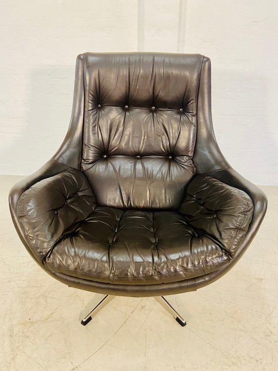 Image 1 of Danish Vintage Mid Century Dark Brown Leather Egg Chair By Skipper