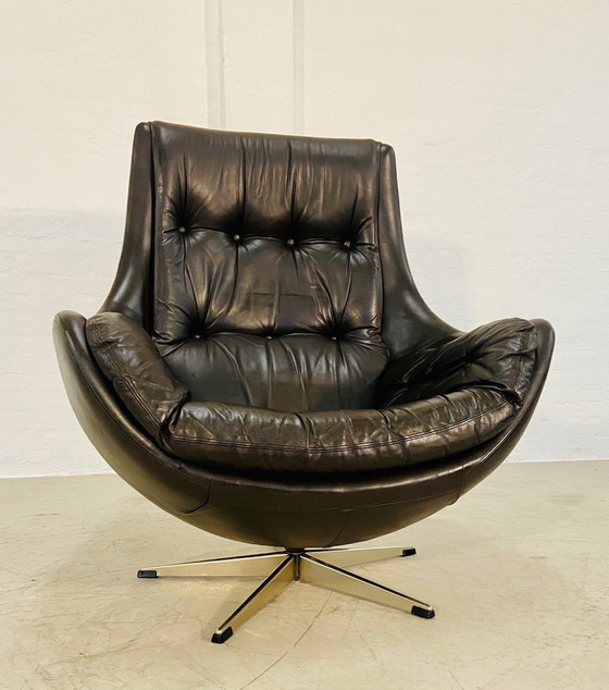 Image 1 of Danish Vintage Mid Century Dark Brown Leather Egg Chair By Skipper