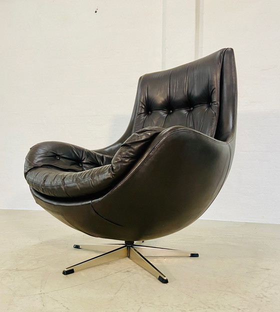 Image 1 of Danish Vintage Mid Century Dark Brown Leather Egg Chair By Skipper