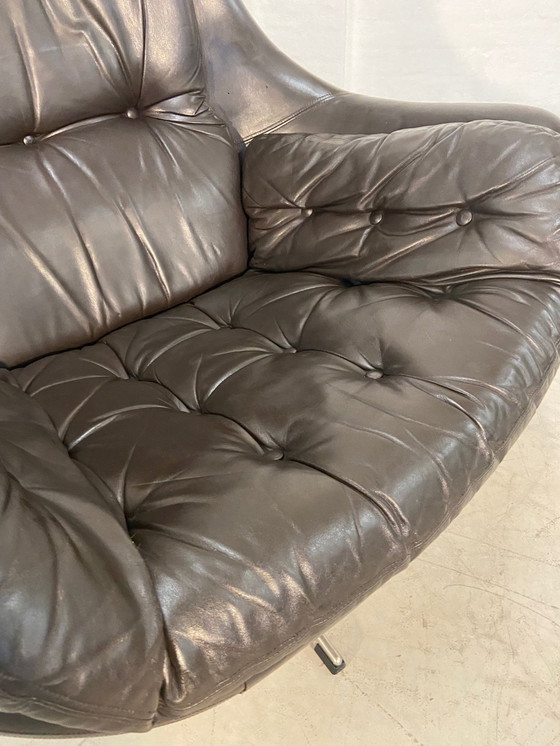 Image 1 of Danish Vintage Mid Century Dark Brown Leather Egg Chair By Skipper
