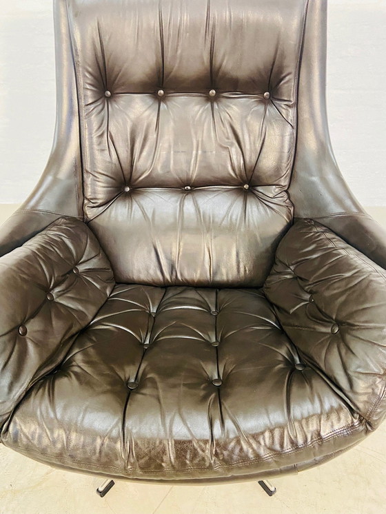 Image 1 of Danish Vintage Mid Century Dark Brown Leather Egg Chair By Skipper